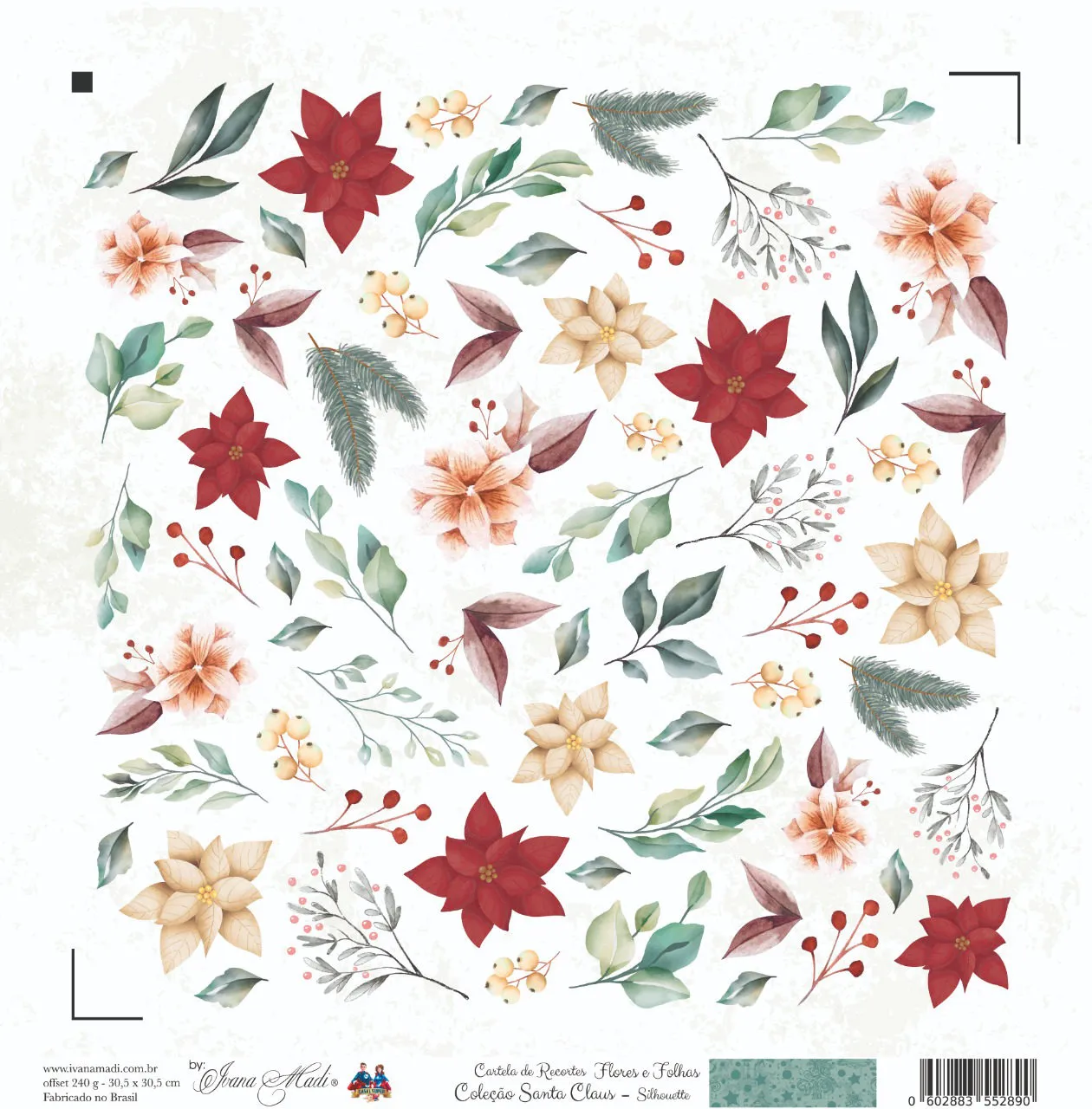 Papel Scrap - Coleção Santa Claus - Cartela de Recortes Flores e Folhas - Silhouette